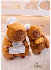 Giant capybara plush toys set featuring cute chef costumes and bread props in a warm cozy setup.