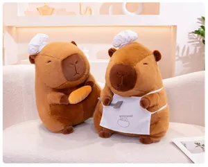 Cute giant capybara plush toy set with chef hats and aprons, soft stuffed animal gift for kids.