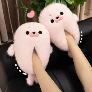 Pantofole Carine a Forma di Foca per Donna Inverno Caldo Peluche Tallone Chiuso Antiscivolo Scarpe in Cotone da Interno