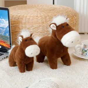 Cute brown plush pony toy set, fluffy stuffed animal desktop decoration, cozy home decor.