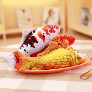 Detailed close-up shot of creative koi fish plush toys nicely arranged on a plate.