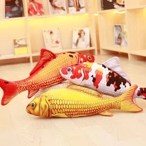 Close-up detail of simulation koi fish plush toy pillow, soft fabric with realistic print.