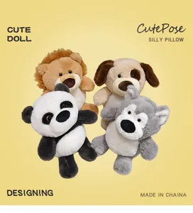 Conjunto de peluches de animales lindos con panda, león, perro y husky cojín regalo.