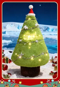 Detailed view of fluffy green Christmas tree plush toy with LED lights, snow scene background.