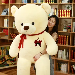 Large giant teddy bear plush toy with red ribbon, perfect wedding gift or hugging doll for girls.