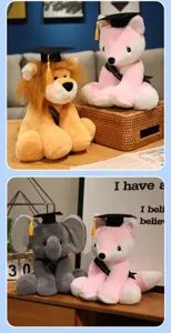 Cute graduation plush toy set featuring lion, fox, and elephant with academic cap for students.