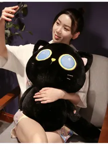 Joli jouet en peluche chat noir potelé japonais, oreiller long et doux pour lit de fille.