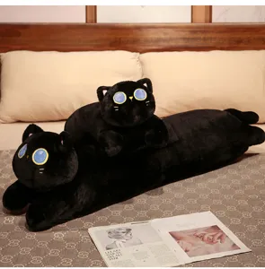 Peluche de chat noir dodu japonais, joli oreiller long pour dormir et décorer le lit.