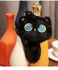 Porte-clés en peluche chat noir mignon animal moelleux pendentif de sac pour clés et sac à dos