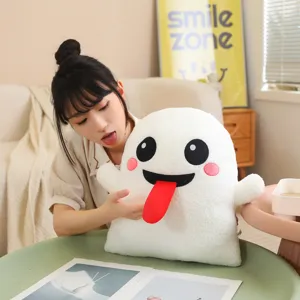 Simpatico cuscino di peluche fantasma bianco con lingua rossa, morbido giocattolo festa.