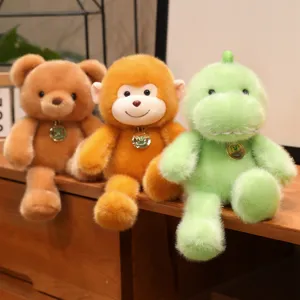 Cute plush toy set featuring a bear, monkey and dinosaur, soft stuffed animal desktop decor.
