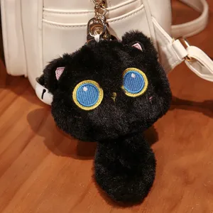 Adorable porte-clés en peluche chat noir, pendentif duveteux mignon pour sacs à dos.