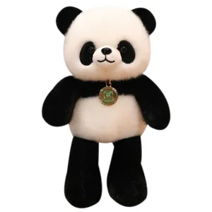Cute plush panda toy with decorative pendant, soft stuffed animal doll for desktop decor.
