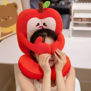 Cute red apple plush nap pillow, comfortable soft neck support cushion for office and travel.