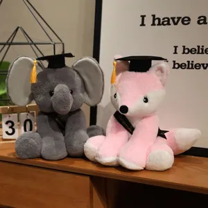 Graduation plush toy set with elephant and fox, cute stuffed animals for student graduation gifts.
