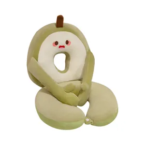 Cute plush U-shaped neck pillow with cartoon face and arms for travel and office nap use.