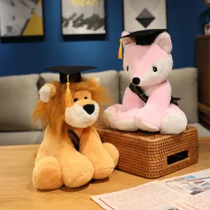 Graduation plush toy set with lion and fox wearing academic caps, perfect student gift