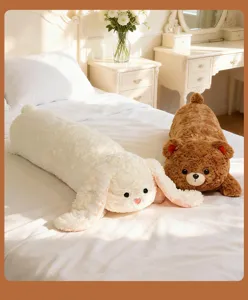 Cute long plush bunny and bear pillow detail shot, soft hugging sleeping doll for girls decor.