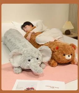 Cute long plush animal body pillow for sleeping, soft elephant and brown bear companion toys.