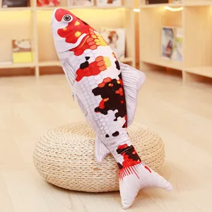 Closeup of realistic koi fish plush toy pillow, shown in a cozy home room setting.