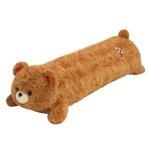 Cute brown bear long plush body pillow, soft stuffed animal hug toy for sleeping kids.