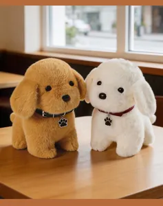 Cute plush puppy toy detail showcasing soft brown and white stuffed dogs with cute collars.
