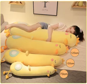 Cute long yellow duck plush body pillow for bed, soft hugging stuffed toy for sleeping.