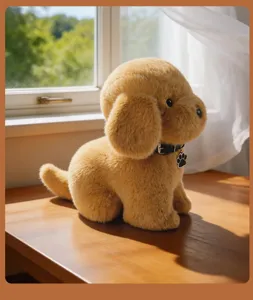 Detailed view of cute brown plush puppy toy sitting on a clean wooden table near bright window.