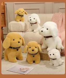 Detailed shot of cute simulation plush puppy toys set in cozy home sofa display scene.
