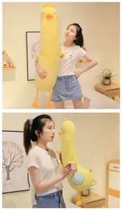 Cute yellow duck long body pillow for bedroom comfort, soft plush sleeping companion toy.