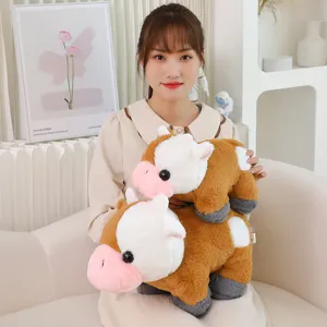 Peluche di mucca marrone bianco, morbido cuscino animale imbottito, dolce regalo per bambini.