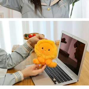 Cute yellow lion plush toy detail shot, soft stuffed animal for office desk decor and gifts.
