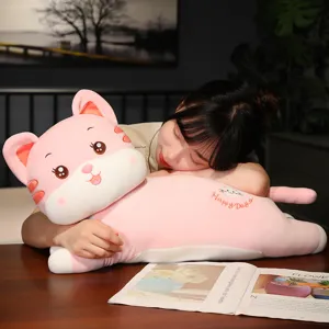 Cute pink cat plush toy long bolster pillow soft stuffed animal doll for girls bed sleeping cushion