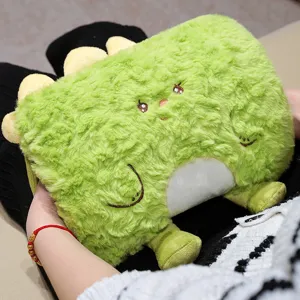 Green dinosaur plush hand warmer pillow for cozy winter office and student nap time.