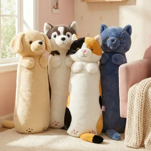 Cute long plush animal body pillow, soft dog and cat sleeping pillows for girls and kids decor.