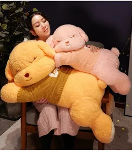 Detailed shot of extra large cute lying dog plush toys wearing sweaters, cozy sleeping pillow.