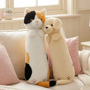 Cute cat and dog long plush body pillow, soft stuffed animal toy for hugging and sleeping.