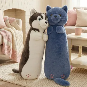 Cute long plush body pillow for sleeping, soft stuffed husky and cat companion toy for girls.