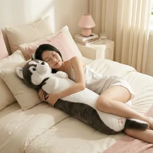 Cute husky long plush body pillow for girls sleeping, soft stuffed animal dog bolster.