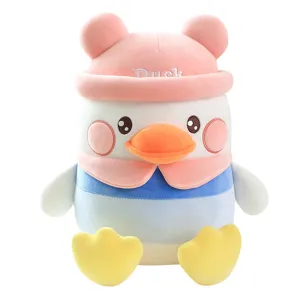Cute plush duck toy with pink hat soft stuffed animal pillow for kids girls sleeping gift