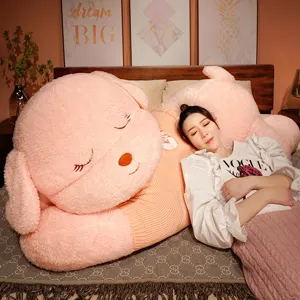 Giant pink sleeping dog plush toy with cute sweater, perfect oversized hugging pillow for girls.