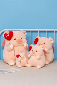 Cute angel pig plush toy with heart balloon, soft stuffed animal doll for birthday gift.