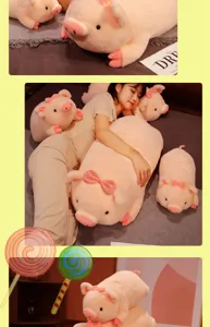 Cute pink lying pig plush toy soft stuffed animal doll pillow for kids comforting and sleeping.