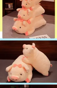 Cute pink lying pig plush toy detail view, soft stuffed animal doll pillow for kids sleep.