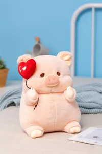 Cute pink plush pig stuffed doll toy holding red heart balloon for birthday gifts.