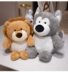 Conjunto de peluches de husky y león lindos, muñecos de animales suaves para regalos de niños, detalle.