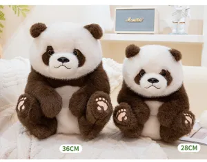 Detailaufnahme von süßen braunen Plüschpandas, weiches Fell, realistische Sitzhaltung, 36cm & 28cm.