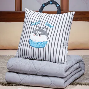 Tragbare faltbare Kissen Decke grau gestreift Cartoon Dual Use Reise Klimaanlage Decke