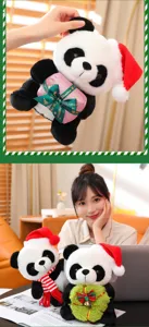 Cute Christmas panda plush toy doll with Santa hat and gift box, soft and festive decoration gift.