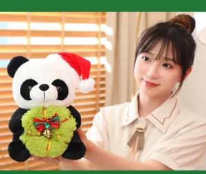 Cute panda plush toy detail showing soft texture and lovely Christmas hat and wreath decoration.